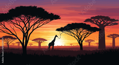 serene african sunset silhouette of giraffe at sunset in savannah ideal for travel safari and wildlife documentaries