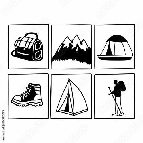 Camping and hiking equipment icons isolated on white background for outdoor adventure and recreation