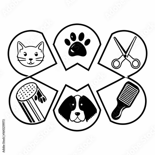 Pet grooming service logo with cat, dog, paw, scissor, shower and brush isolated on white background