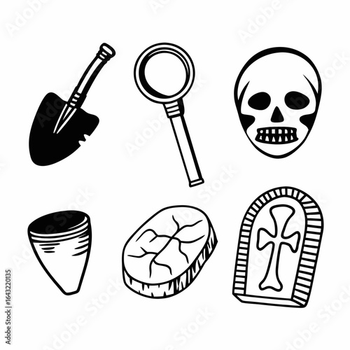 Archaeological excavation site with a skull, shovel, tombstone, and magnifying glass isolated on white background