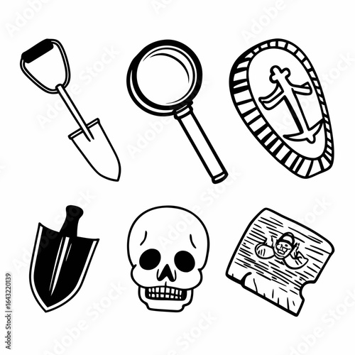Archaeology and excavation icon set isolated on white background featuring ancient artifacts and tools
