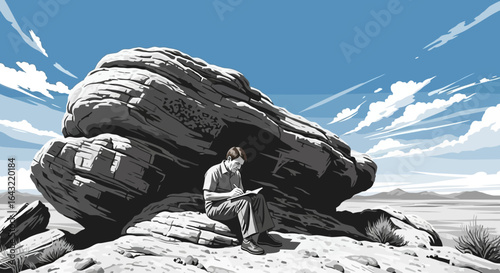 finding inspiration a man seeking solitude and creative breakthrough under a desert rock shelter