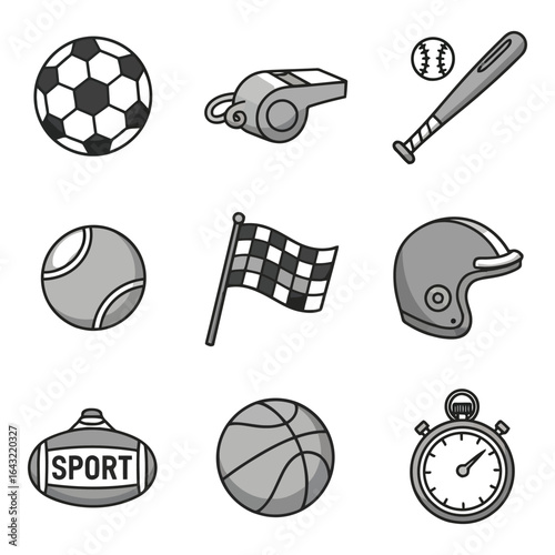 Art of sports equipment and game icons isolated on white background