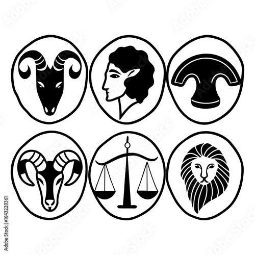 Zodiac signs icons set isolated on white background, astrology horoscope constellation symbols vector illustration