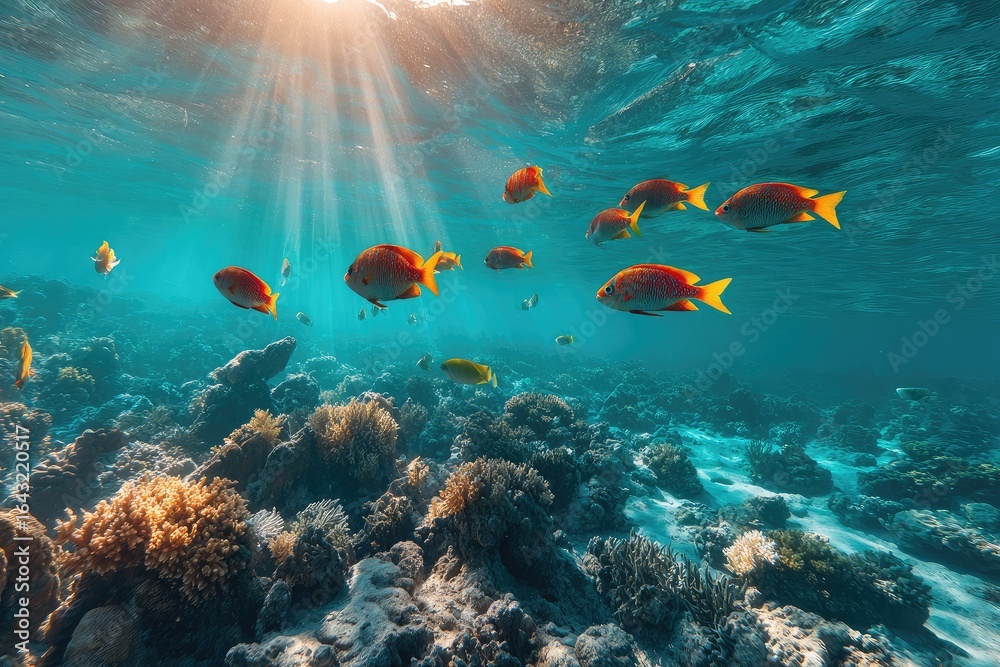 Obraz premium Sunlight streams through vibrant coral reef teeming with fish