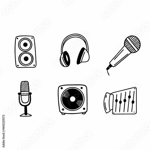 Illustration of music equipment including speakers, headphones, microphones and mixer isolated on white background