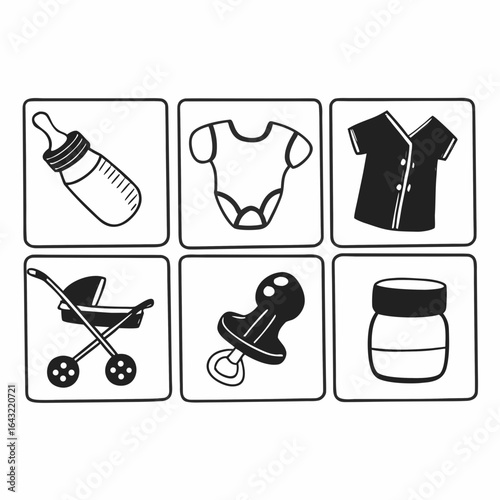 Collection of baby icons isolated on white background featuring bottle, pacifier, pram and clothes