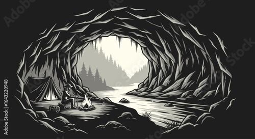 solo campers serene cave retreat black and white illustration of a peaceful camping scene by a river perfect for adventure travel and wilderness themed designs