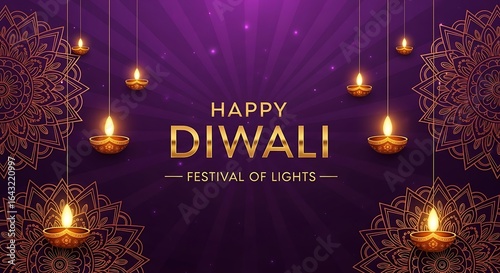 Happy Diwali Festival of Lights Glimmering Diyas Traditional Mandalas and Radiant Joy on a Deep Purple Background for