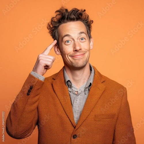 Handsome Man in Casual Orange Outfit Thinking Positively Fictional Character Created By Generative AI