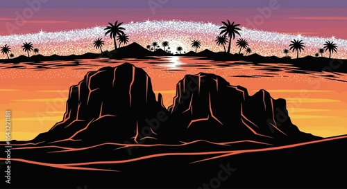serene sunset oasis palm trees majestic rocks and sparkling skyperfect for travel vacation or relaxation themes