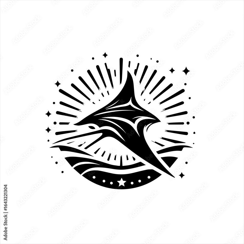 Obraz premium Stylized manta ray silhouette with starburst and waves