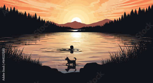 serene sunset swim finding tranquility in nature with your beloved canine companion a peaceful lake escape for wellness and relaxation