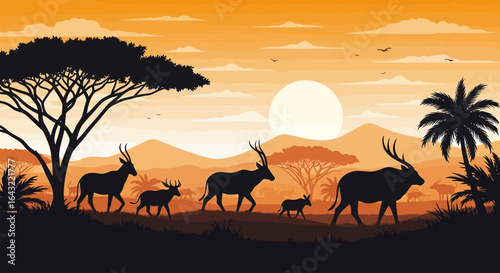 serene african sunset silhouette majestic antelope and deer family silhouette against a vibrant orange sky ideal for wildlife conservation travel and safarithemed designs