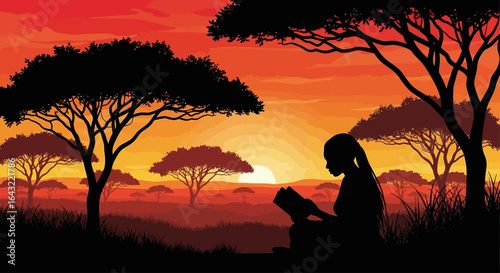 silhouette of a young african woman reading a book at sunset in the serengeti symbolizing education knowledge and the pursuit of dreams in a breathtaking african savanna landscape