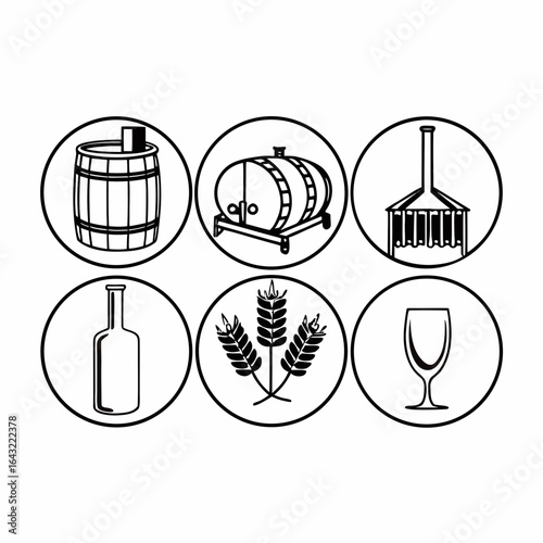 Illustration of wine and beer production elements isolated on white background in a circle shape