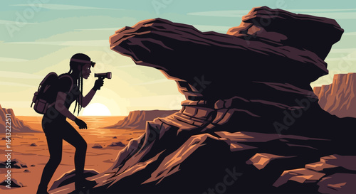 female explorer investigating ancient rock formation at sunset discover hidden clues and uncover geological mysteries in this dramatic desert landscape