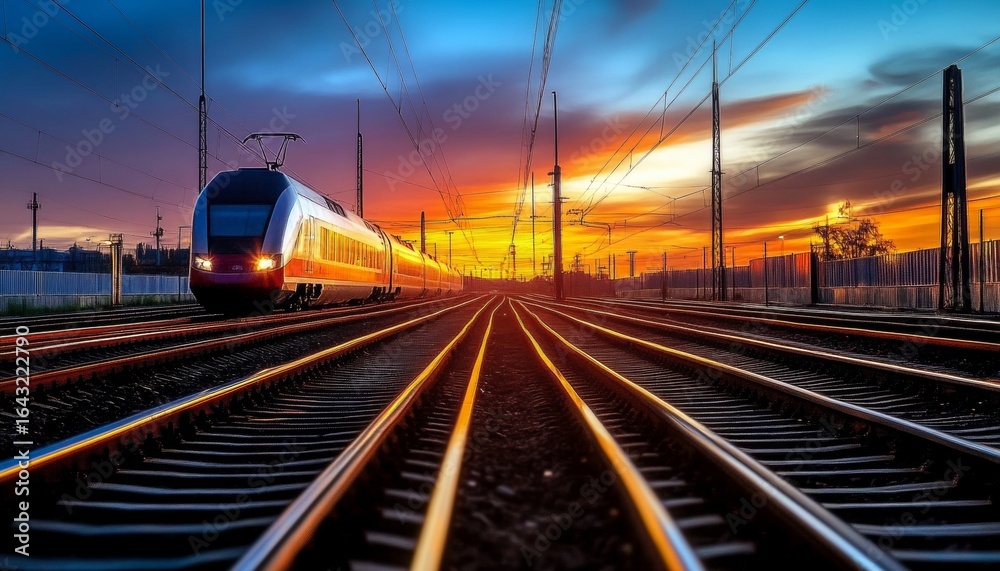 Obraz premium Express Train Moving Through a Colorful Sunset Sky Over City Borders with Electric Tracks and Wires