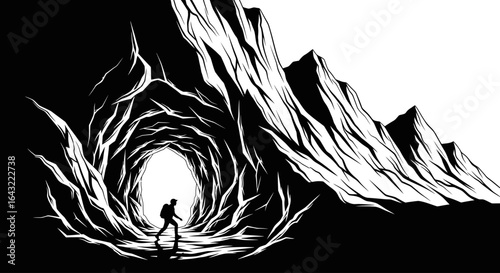 hiker emerging from mountain cave symbolic image for overcoming challenges finding light and achieving breakthrough success