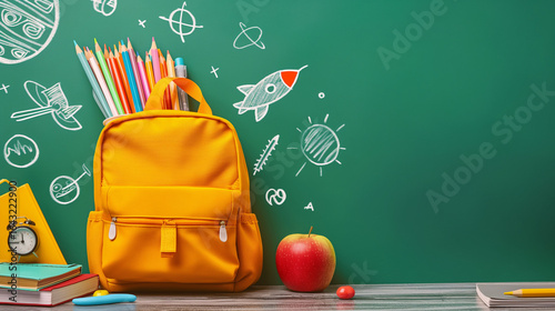 Yellow school backpack with colorful stationery, alarm clock, apple, and stack of books on green background with hand-drawn school doodles, back to school concept, high quality stock image