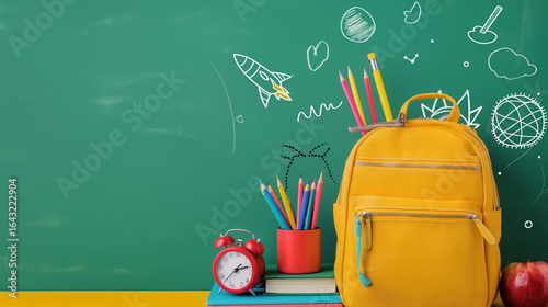 Yellow school backpack with colorful stationery, alarm clock, apple, and stack of books on green background with hand-drawn school doodles, back to school concept, high quality stock image