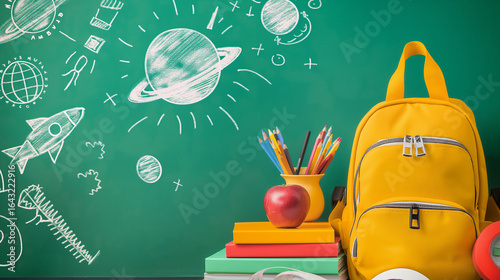 Yellow school backpack with colorful stationery, alarm clock, apple, and stack of books on green background with hand-drawn school doodles, back to school concept, high quality stock image
