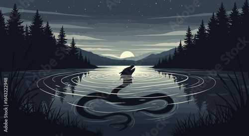 mysterious lake serpent at night eerie silhouette of a creature in calm waters perfect for fantasy horror or mystery themes