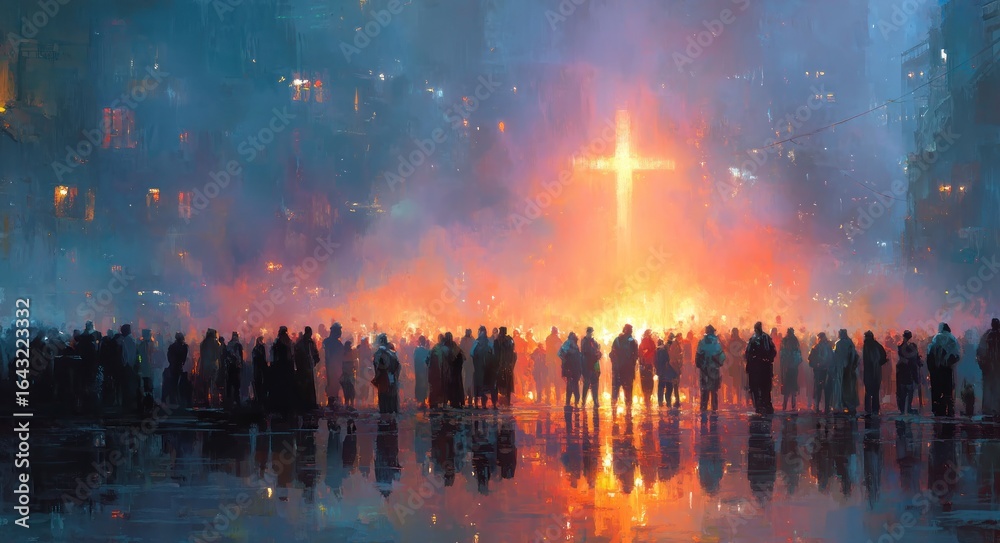 Fototapeta premium Crowd silhouetted against glowing cross in fiery haze on wet city street at night with dramatic reflections and atmosphere Generative AI