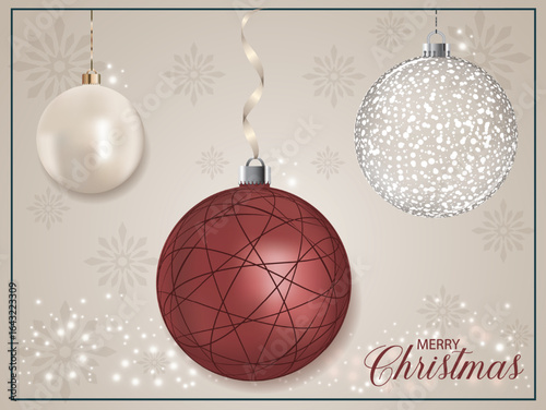 A red pearly holiday ornament with a line pattern, placed on a background with snowflakes.