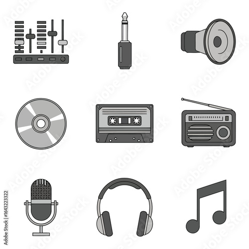 Art of collection of audio and music equipment icons isolated on white background