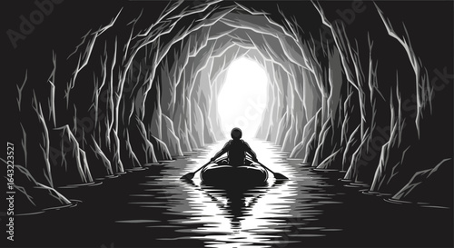 navigate uncertainty a lone rafter paddling towards a bright future through a dark cave symbolizing resilience and the pursuit of hope