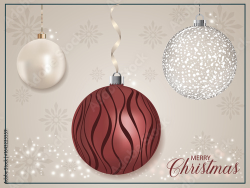 A red pearly Christmas sphere with a striped pattern set against a background with falling snowflakes.