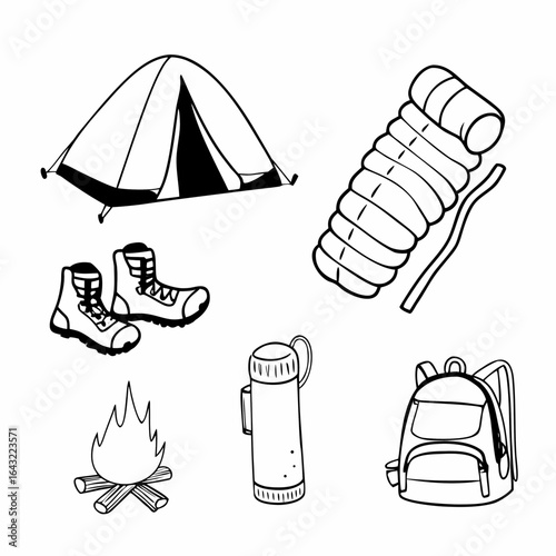 Camping equipment illustration with tent, sleeping bag, boots, campfire, thermos, and backpack isolated on white background