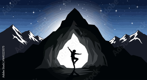 silhouette of a person emerging from a mountain cave at night symbolizing breakthrough new beginnings and overcoming challenges in life
