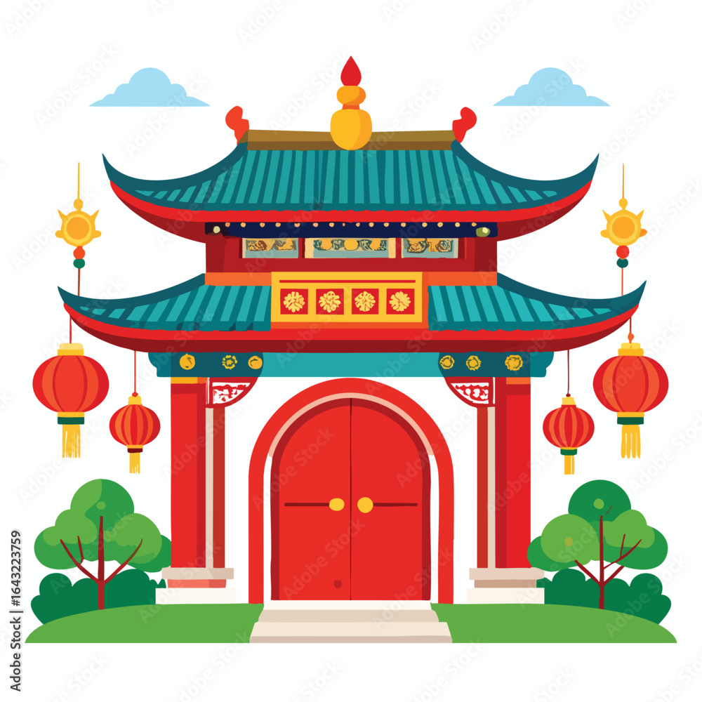 Fototapeta premium A vibrant illustration of a traditional Chinese gate, adorned with lanterns and greenery.