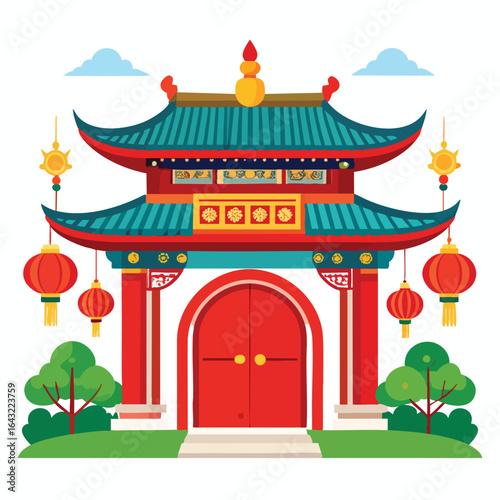 A vibrant illustration of a traditional Chinese gate, adorned with lanterns and greenery.