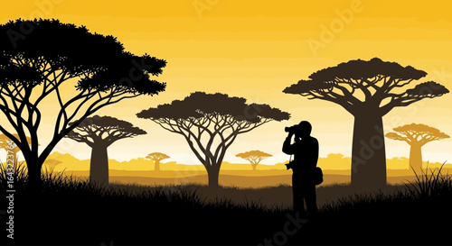african safari adventure photographer silhouetted against sunset baobab trees wildlife photography concept
