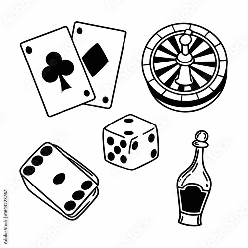 Gambling and casino games icons including playing cards, dice, roulette wheel, and bottle isolated on white background