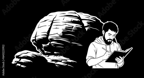 man writing in notebook by majestic rock formation inspiring creativity and solitude for design blogging and travel content