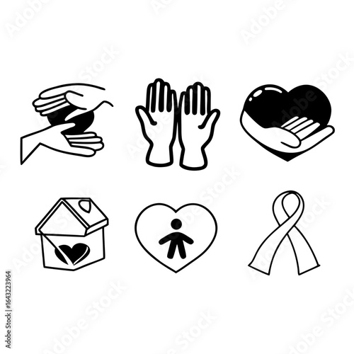 Illustration of charity and donation icons isolated on white background, showing support and love