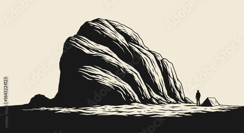 solitary figure contemplating imposing rock formation a black and white illustration perfect for travel adventure and solitude concepts