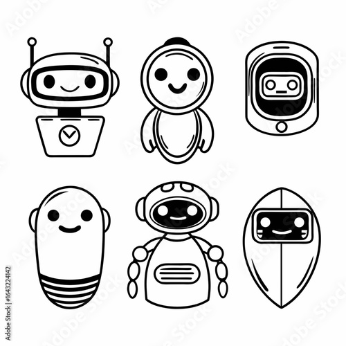 Set of six cute robot icons isolated on white background in cartoon style vector illustration