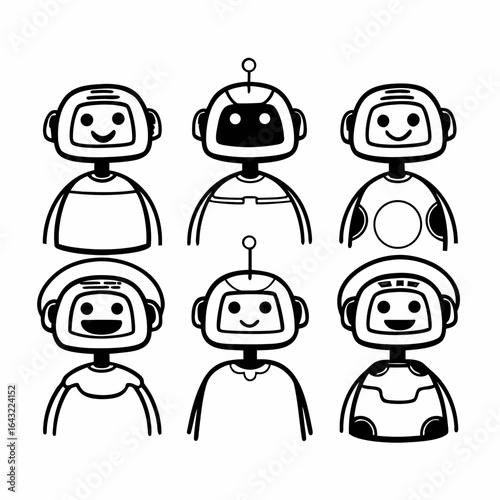 Set of six cute robot icons isolated on white background in cartoon style vector illustration
