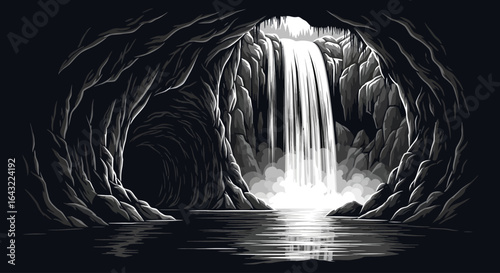 dramatic cave waterfall black and white illustration for adventure nature and mystery designs