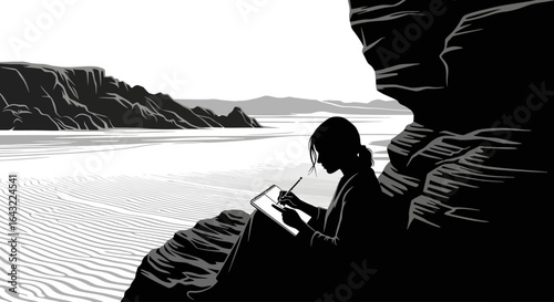 find inspiration and creative solitude a woman sketches serene desert landscape discovering new ideas under a cliffs shadow
