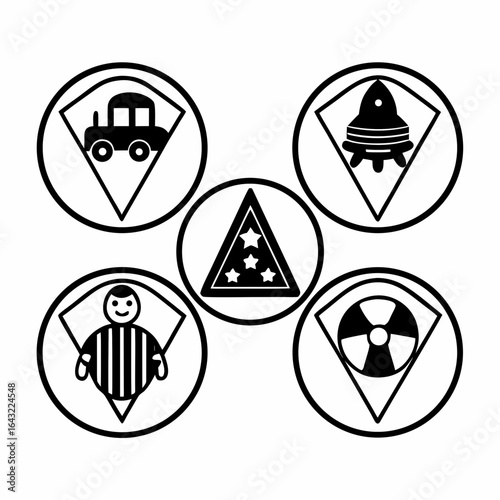 Collection of various icons in circular frames isolated on white background, including truck, rocket, and referee