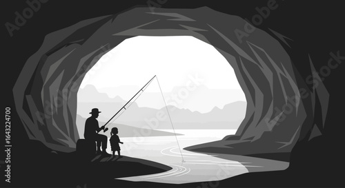 grandfather and granddaughter fishing a serene black and white illustration of intergenerational bonding and peaceful outdoor recreation perfect for family nature and nostalgia themes