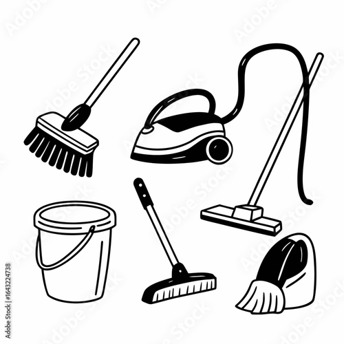 Illustration of cleaning tools such as broom, bucket, vacuum cleaner, and mop isolated on white background