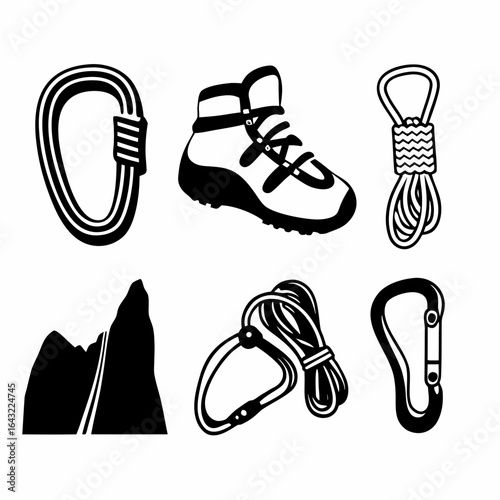 Climbing gear set isolated on white background with carabiners, boots, rope, and mountain in outline style