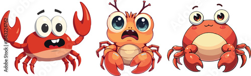 Three cartoon crabs with different expressions isolated on Transparent background, perfect vector for kids